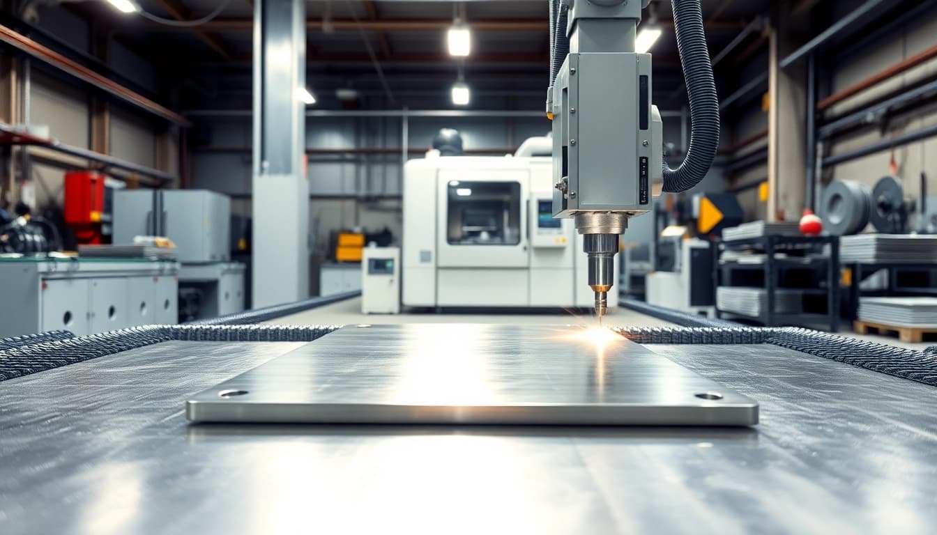 Precision plate cutting in a technological workshop showcasing advanced machinery and vibrant lighting.