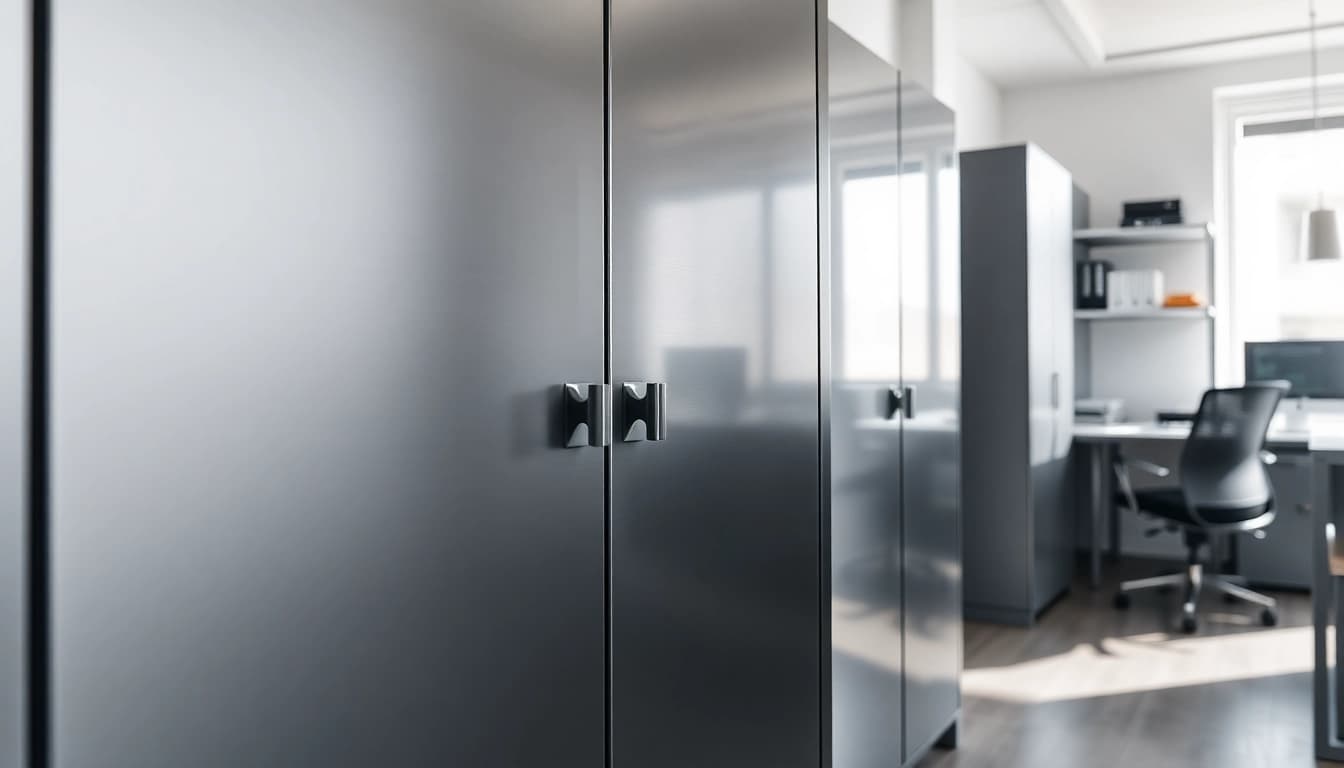Organized steel cabinet enhancing office storage and workspace efficiency.