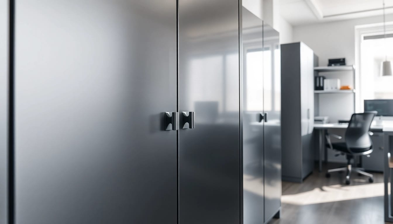 Organized steel cabinet enhancing office storage and workspace efficiency.