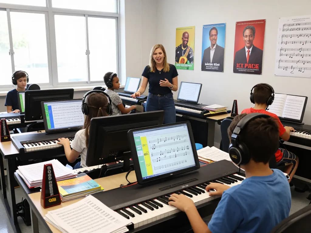 Students learning on GO 88 digital pianos in an inspiring classroom setting.