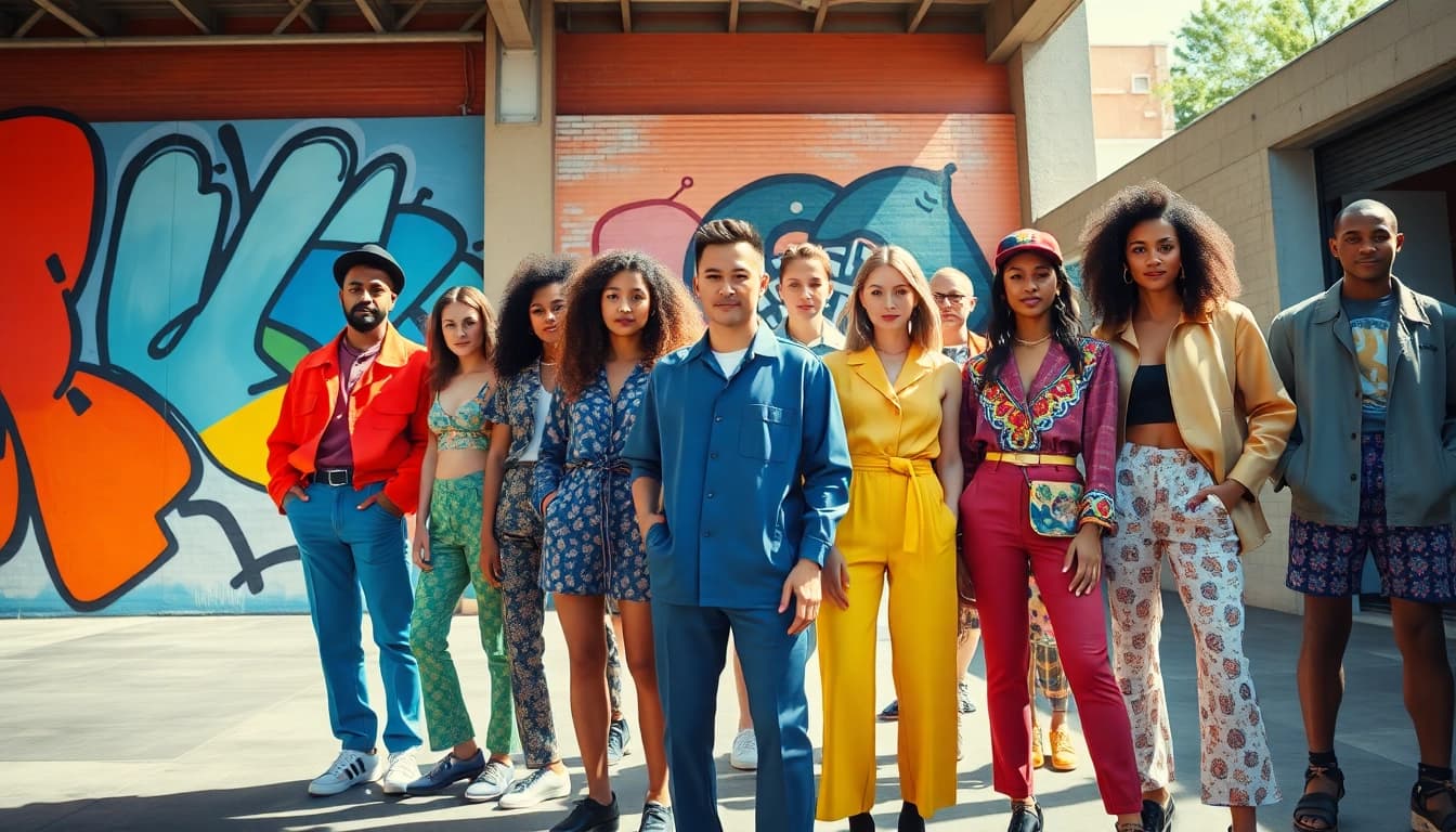 Showcase diverse individuals portraying modern Fashion trends in a vibrant urban setting.