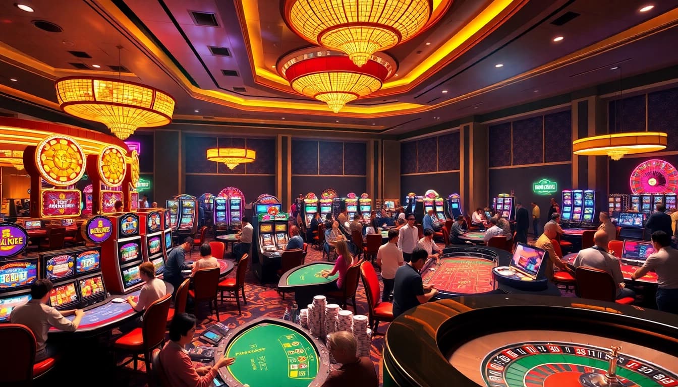 Experience the vibrant gambling world of KJC AC 1 with players enjoying casino tables and slot machines.