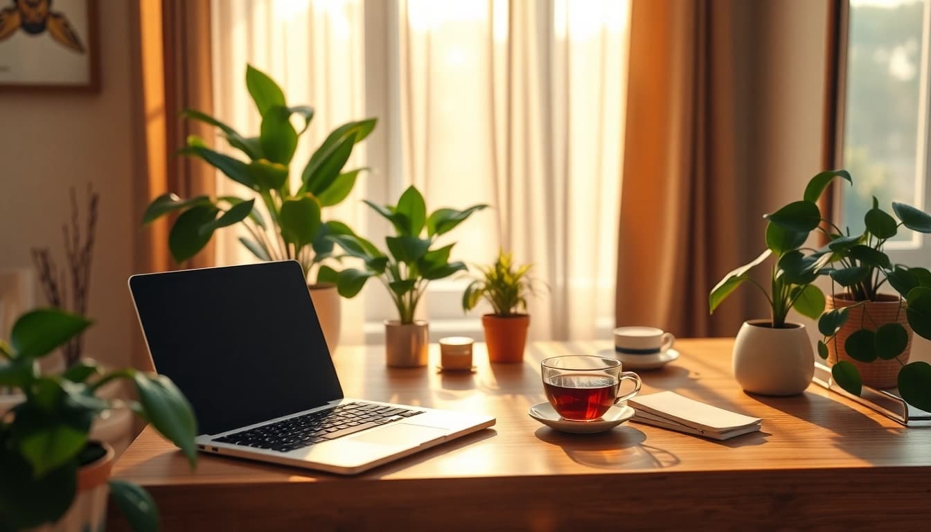 A serene workspace embodying the essence of a UK Lifestyle Blog, showcasing tea and greenery.