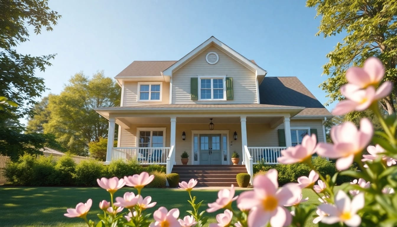 View of a modern family home from www.tbplhomes.com surrounded by greenery and flowers, exuding warmth and comfort.