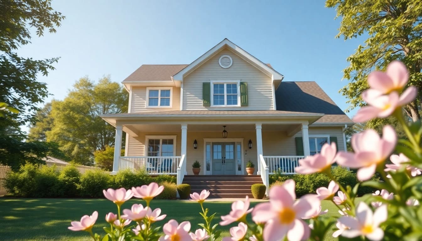 View of a modern family home from www.tbplhomes.com surrounded by greenery and flowers, exuding warmth and comfort.