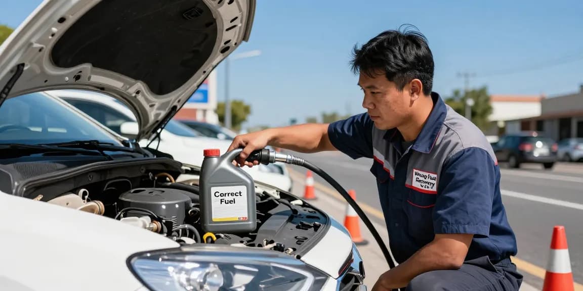 Wrong fuel in car being drained by technician at the roadside, showcasing urgent automotive recovery service.