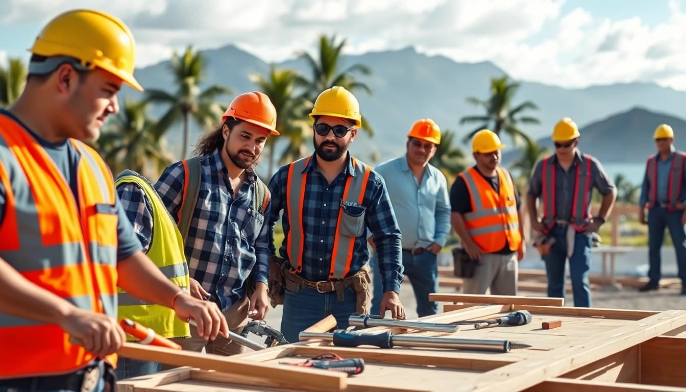 Construction workers collaborating on-site representing the hawaii construction association in a vibrant environment.