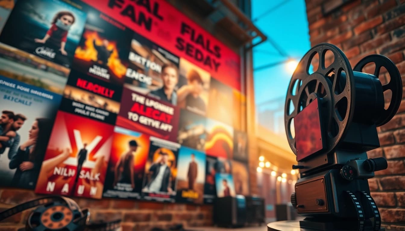 Discover cinematic delights through https://bandarlayarkaca21.com, showcasing vibrant film posters and a vintage projector.