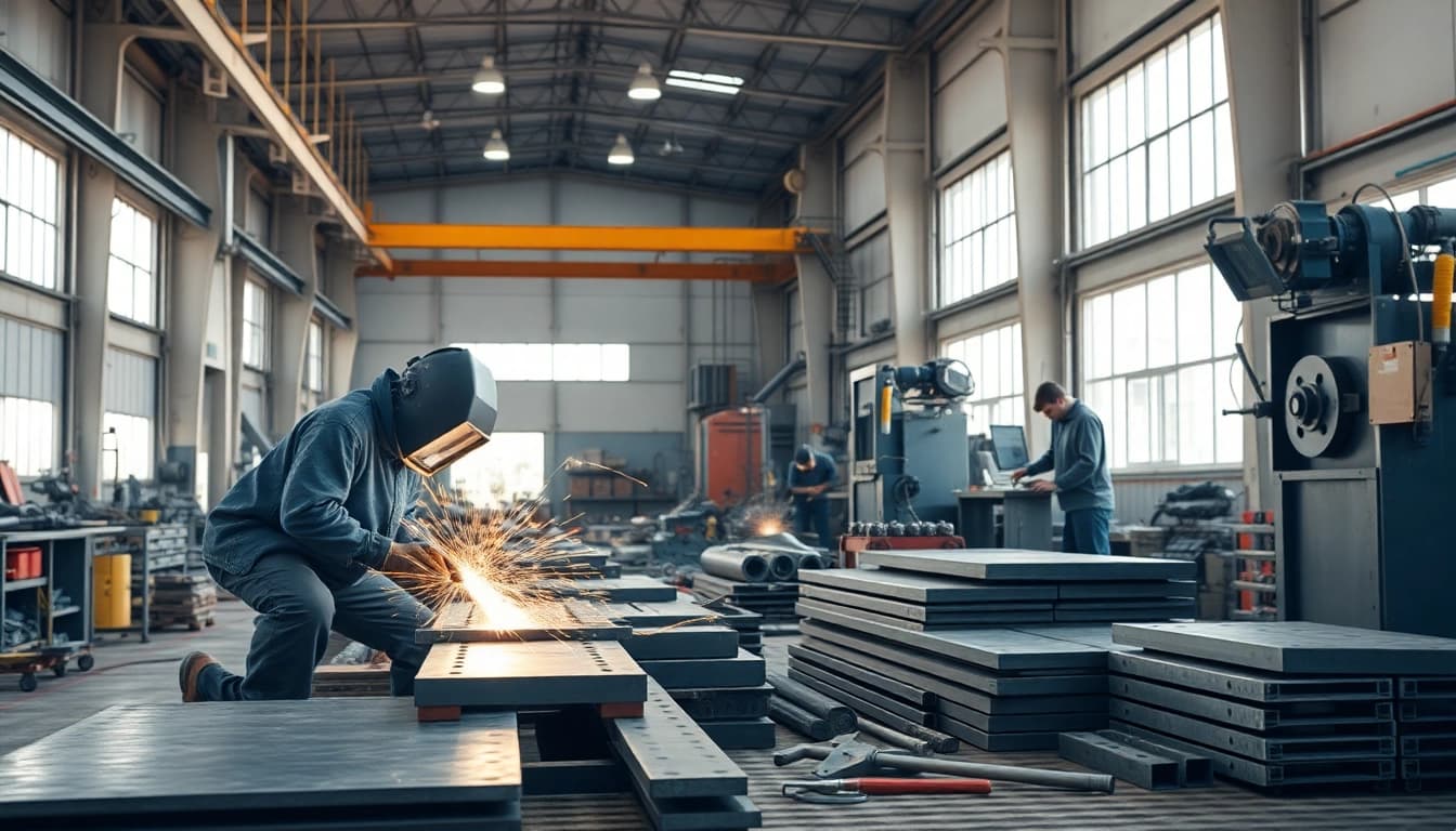 Workers collaborating in a steel fabrication shop, showcasing efficient processes and quality craftsmanship.
