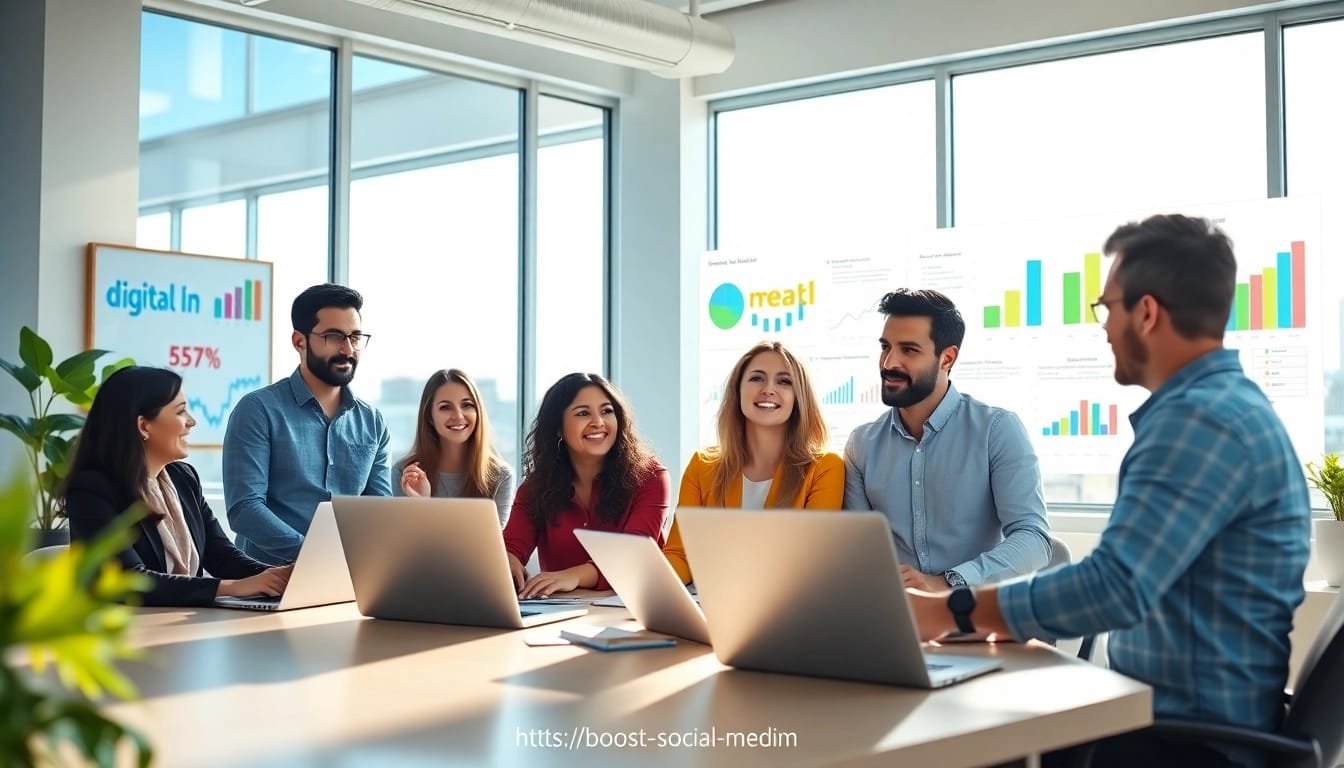 Boost social media strategies with a collaborative marketing team in a creative office setting.
