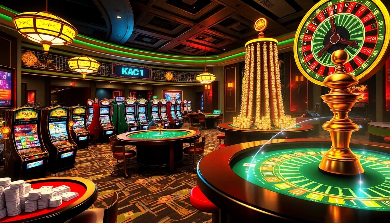Exciting casino atmosphere with cards and slot machines representing KJC AC 1.