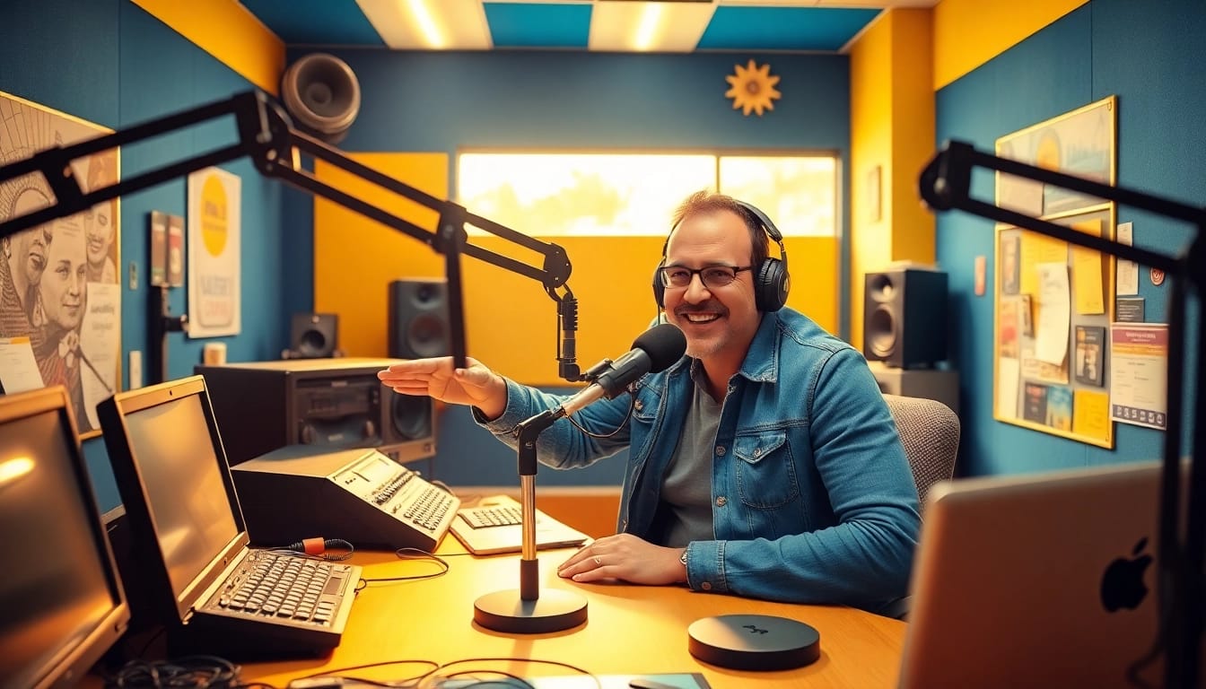 Host engaging listeners on https://chadronradio.com/ in a vibrant radio studio.