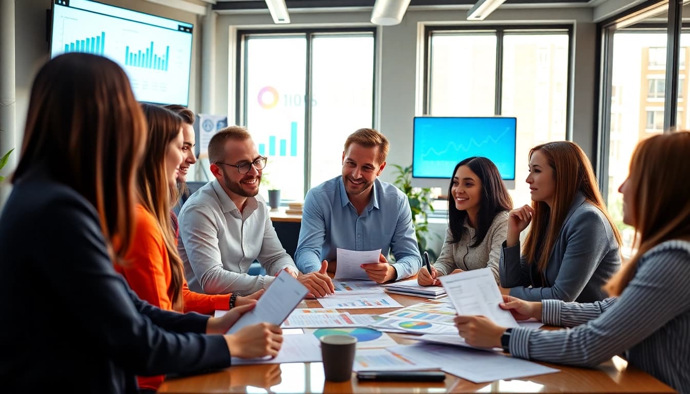 Marketing Agency team brainstorming with vibrant materials in a modern office setting.