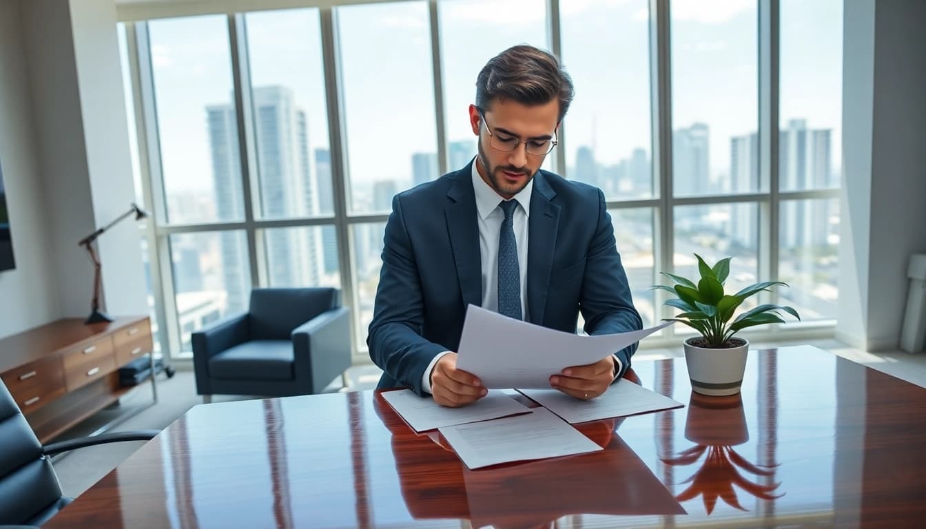 Miami high net worth divorce lawyer reviewing documents in a modern office setting.