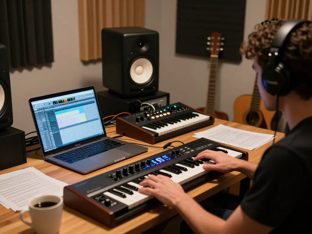 Musician using the SC88 sound module in a modern audio production studio with instruments and technology.