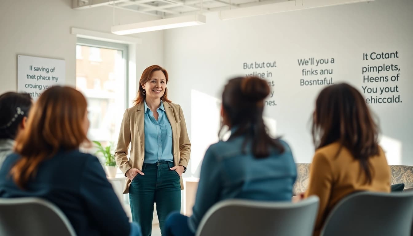 Empowerment coaching session showcasing a diverse group in a vibrant office setting.