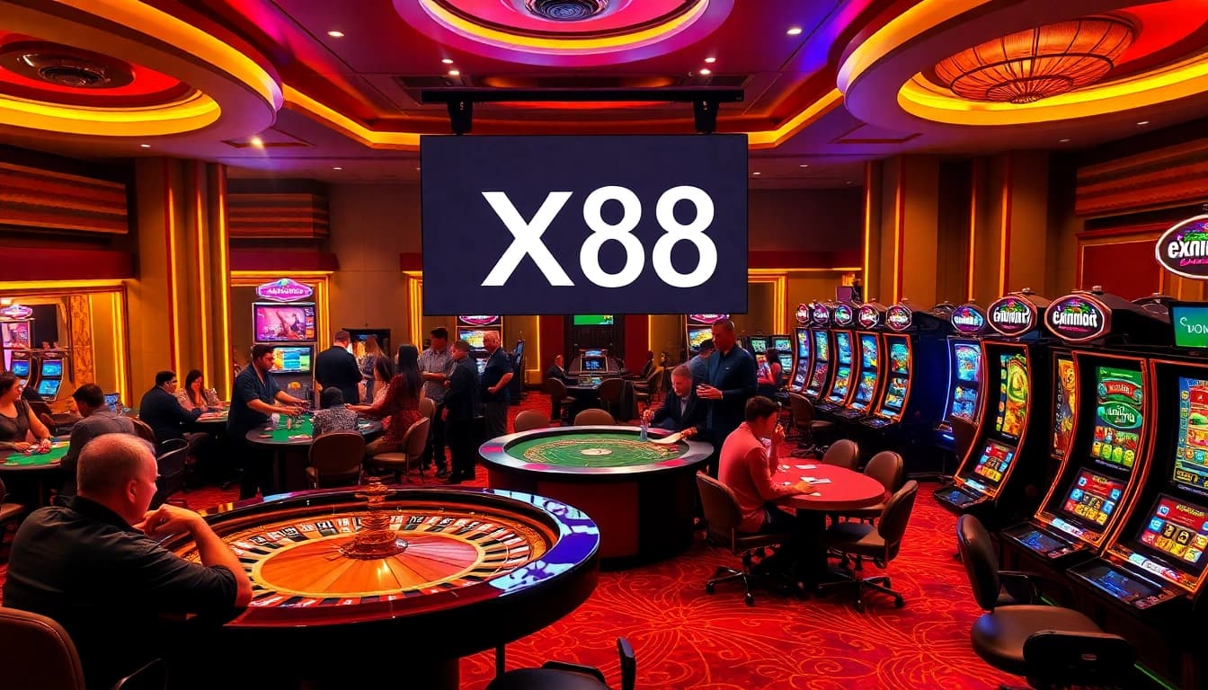 Experience the excitement of XX88 as players engage around poker tables and roulette wheels in a luxurious casino setting.