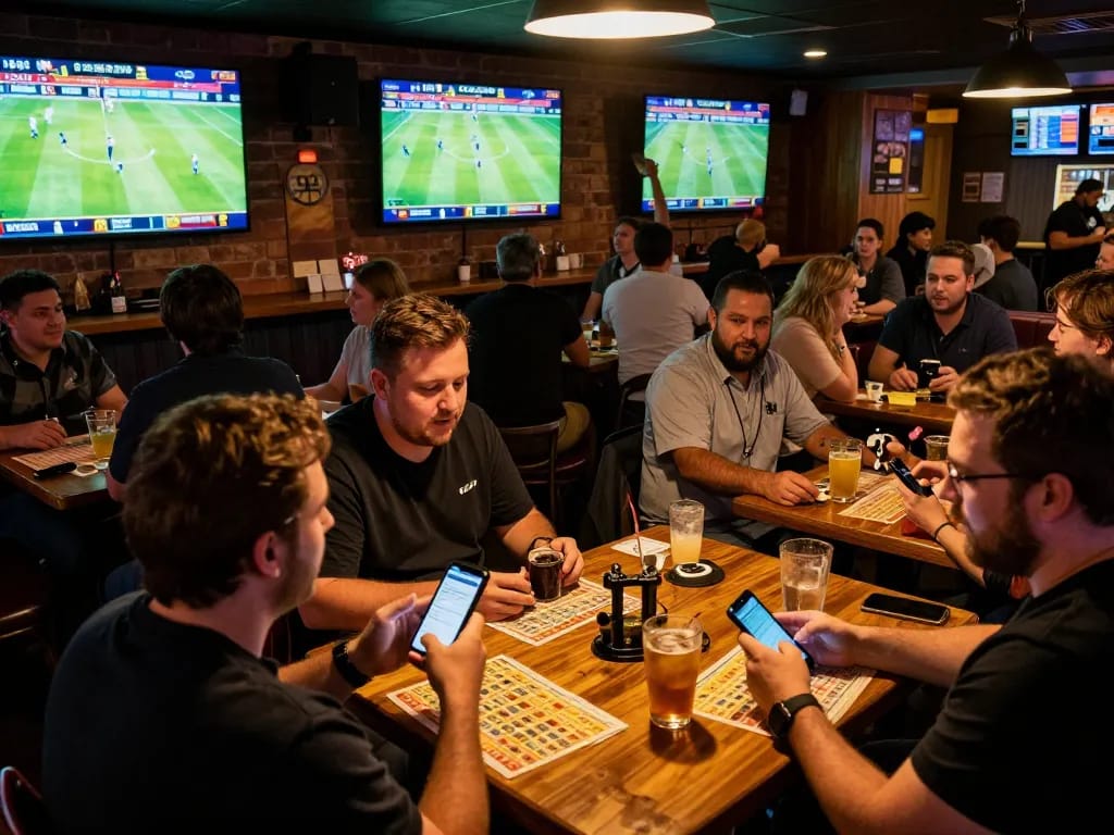 Cakhia tv enthusiasts placing bets with excitement during live sports in a vibrant bar atmosphere.