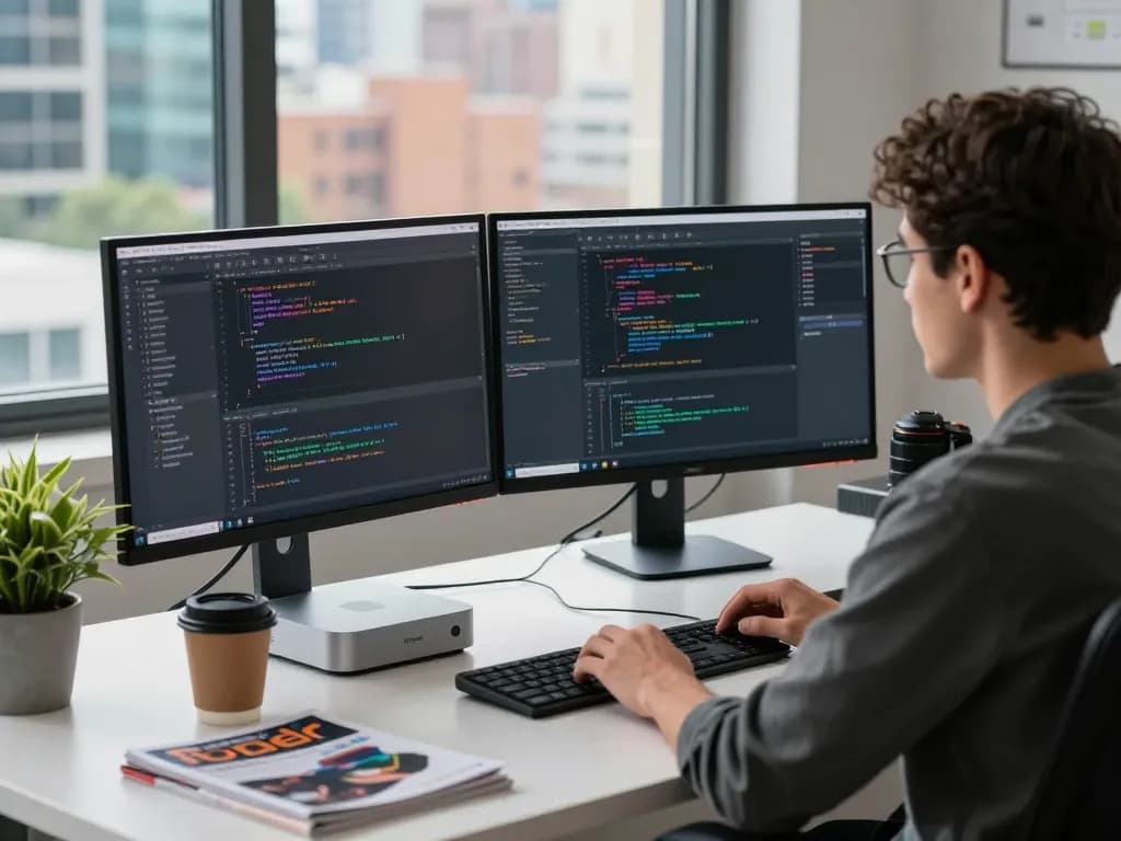Developer coding in a tech workspace featuring a Mac mini and dual monitors with vibrant cityscape backdrop.