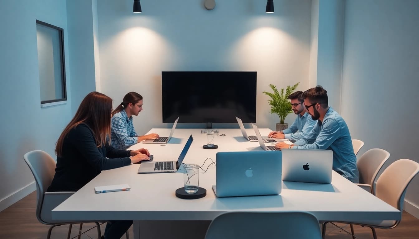 Desenvolvimento de Site com profissionais criando soluções digitais em um ambiente moderno e colaborativo.