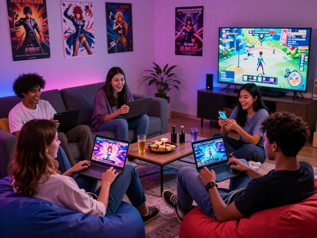 Friends enjoying free sex games together in a cozy living room, showcasing a vibrant gaming atmosphere.