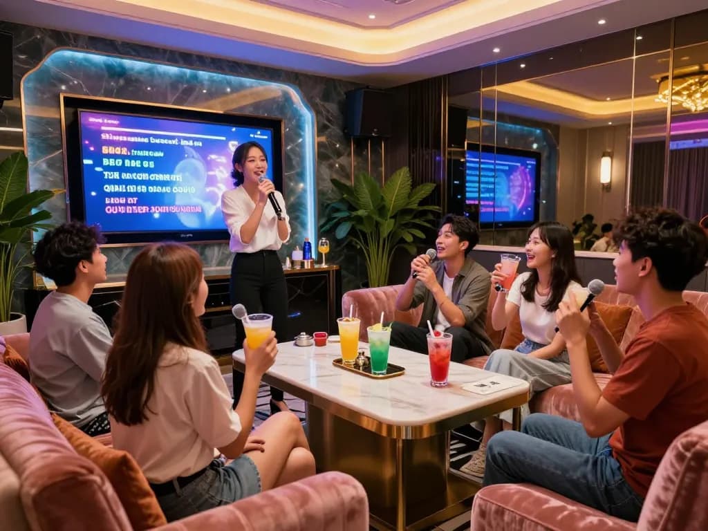친구들과 함께 럭셔리 개인 방에서 노래하는 강남가라오케의 신나는 장면, 화려한 조명, 테이블 위의 음료.