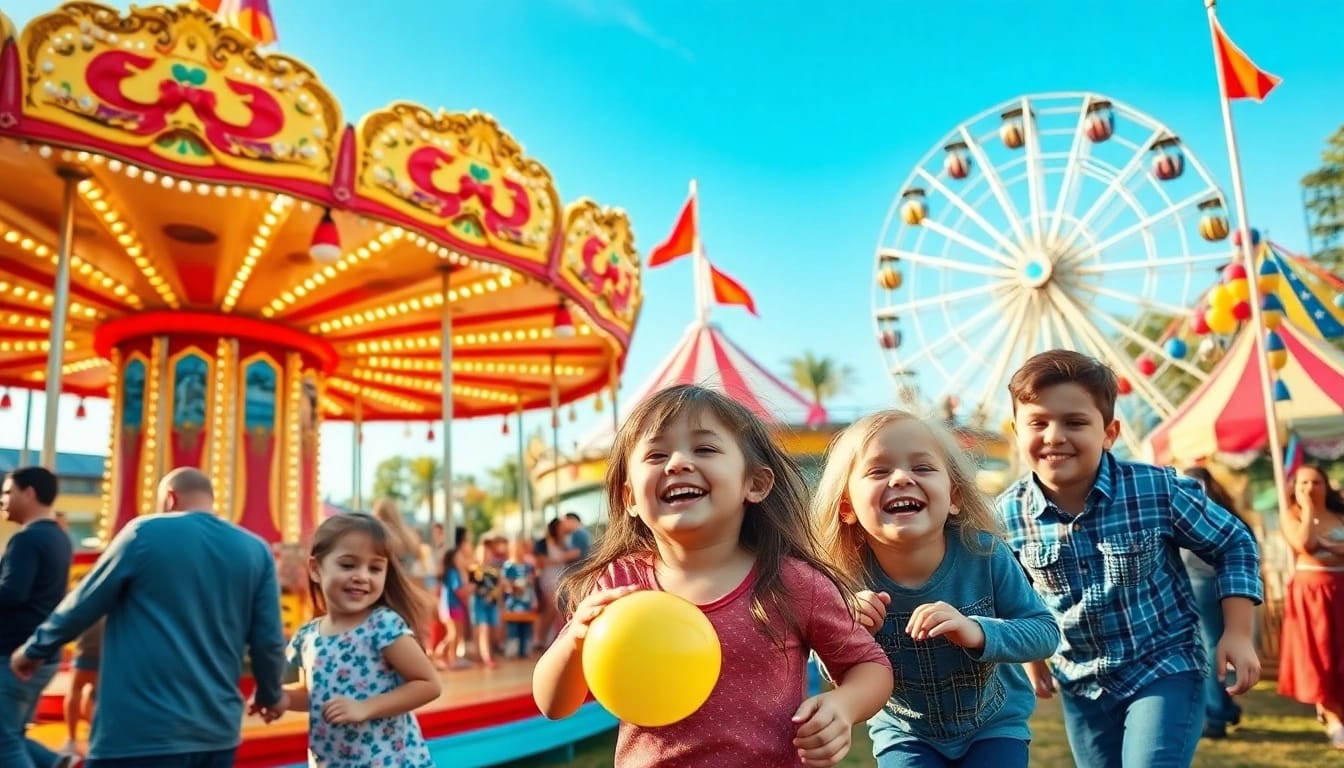 Families enjoying funfair rides hire newcastle, featuring a vibrant outdoor fair atmosphere.