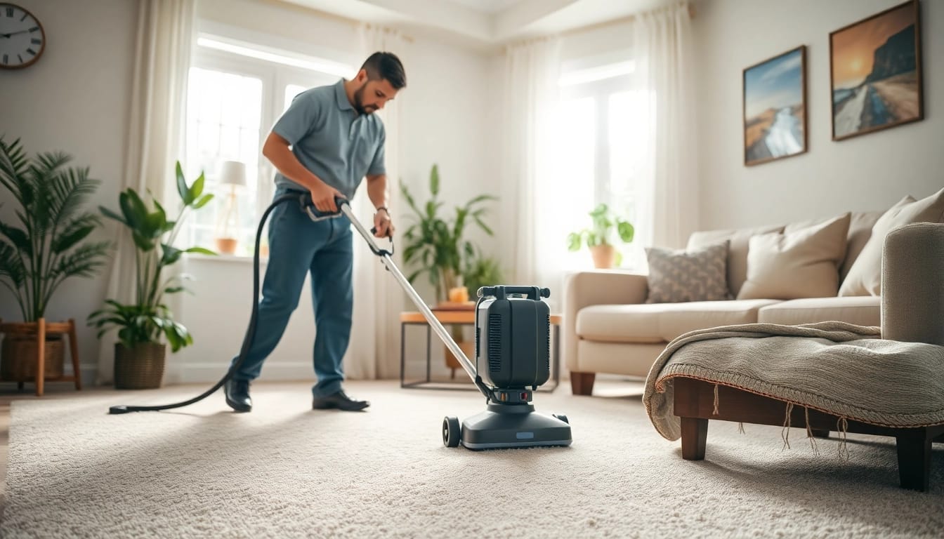 Efficient carpet cleaning Lincoln CA by a professional technician in a sunlit living room.
