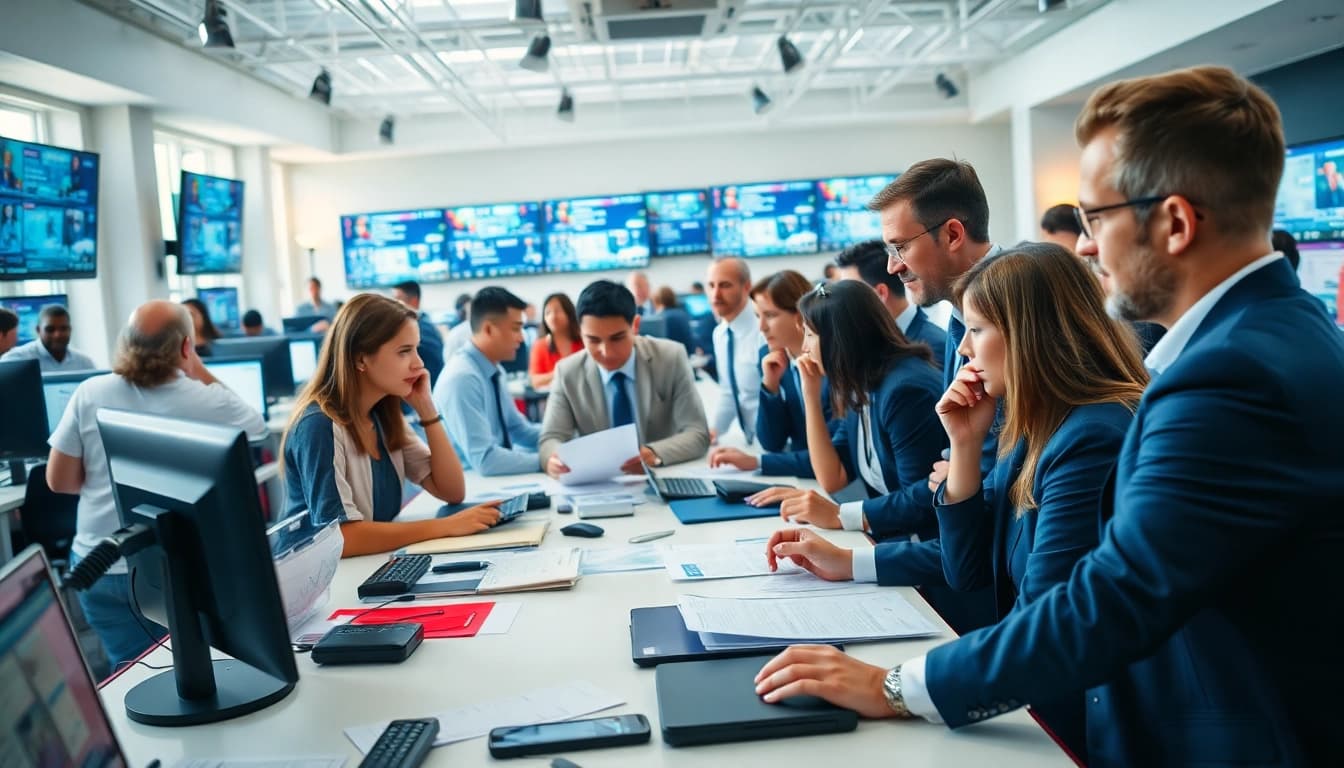 Journalists collaborating in a newsroom for Tampa Free Press news updates.