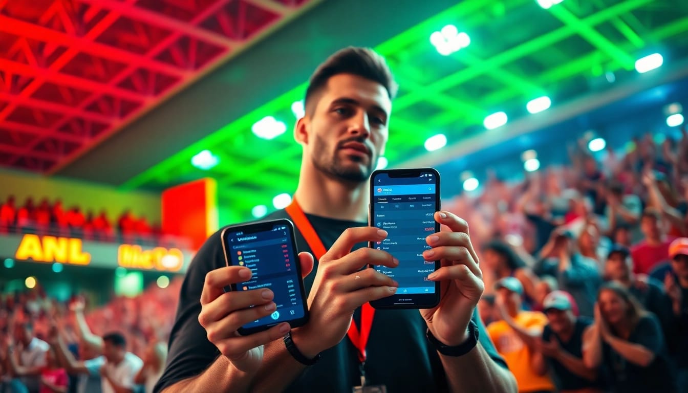 Engaged sports betting in Alabama enthusiast checking odds on a smartphone in a dynamic sports arena.