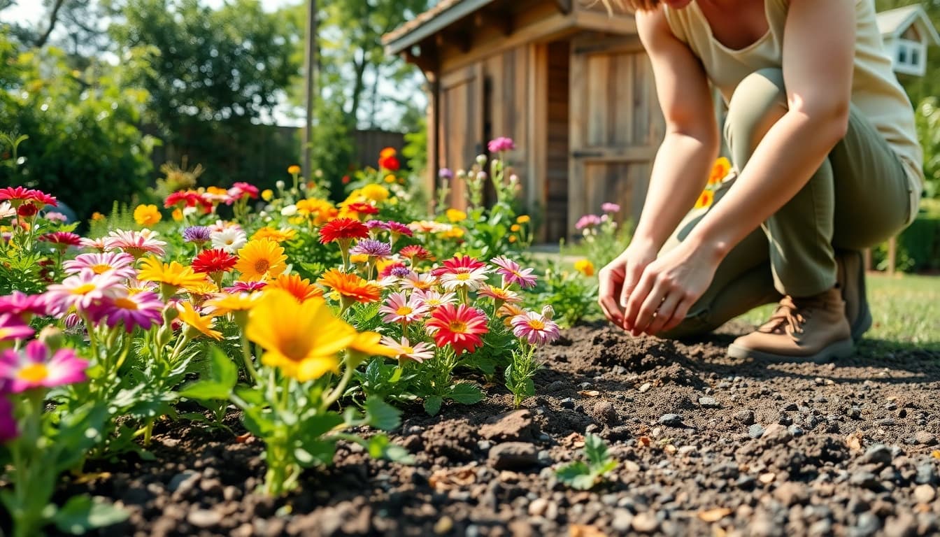 Gardening enthusiast planting seeds in a vibrant garden filled with colorful flowers.