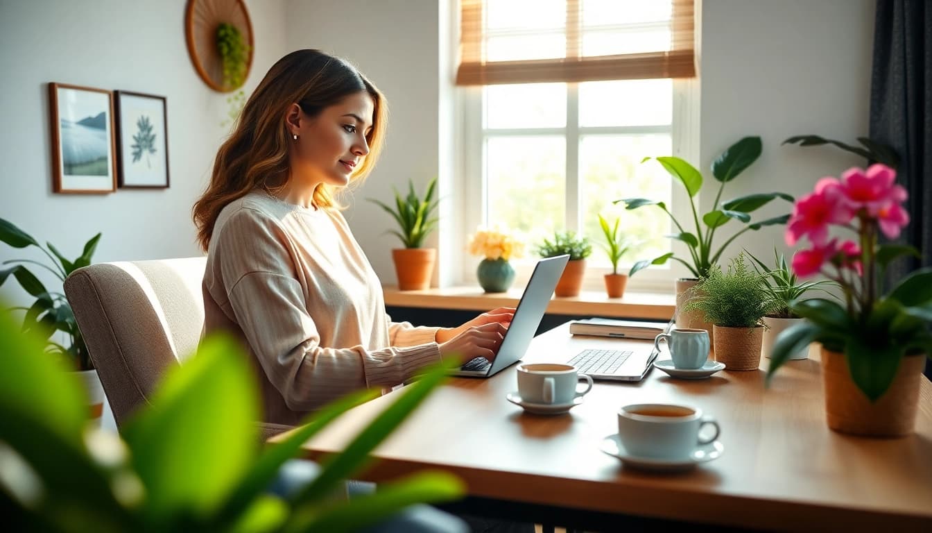 Explore https://giveaways4mom.com with a cozy home office setup and a mom reviewing blog posts.
