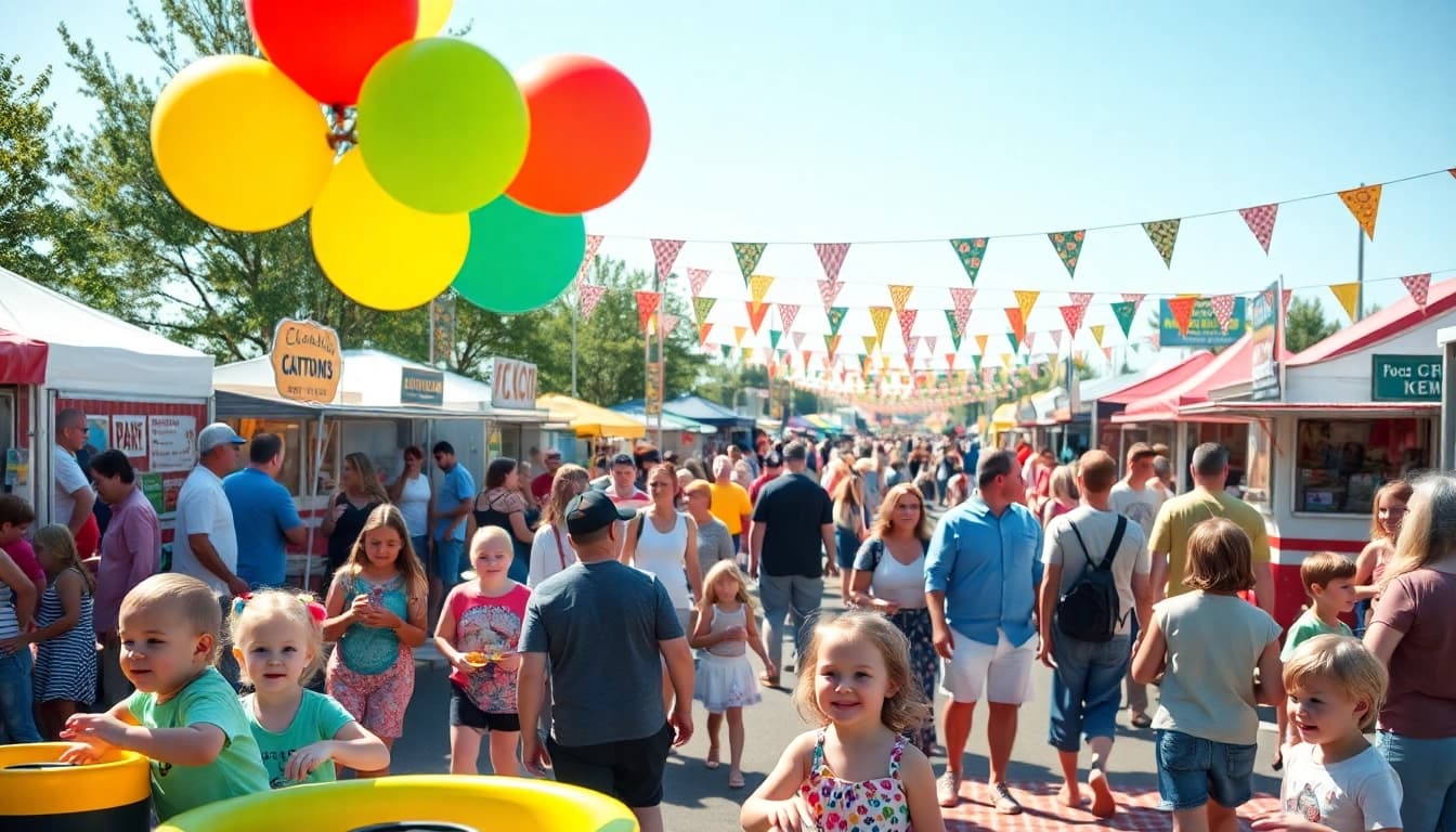 Clarksburg events showcase a vibrant outdoor festival filled with families, food trucks, and colorful decorations.