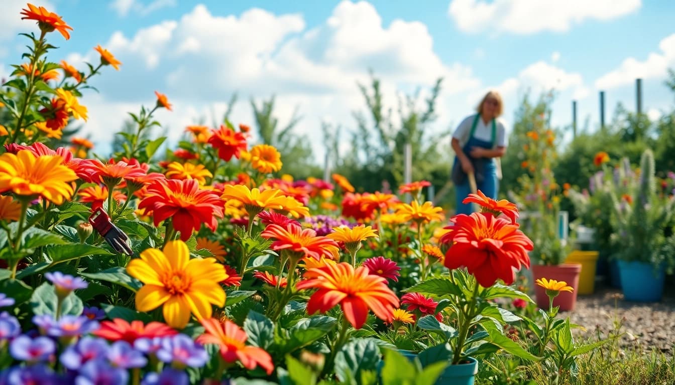 Gardening scene with vibrant flowers and a gardener nurturing plants in a sunny environment.