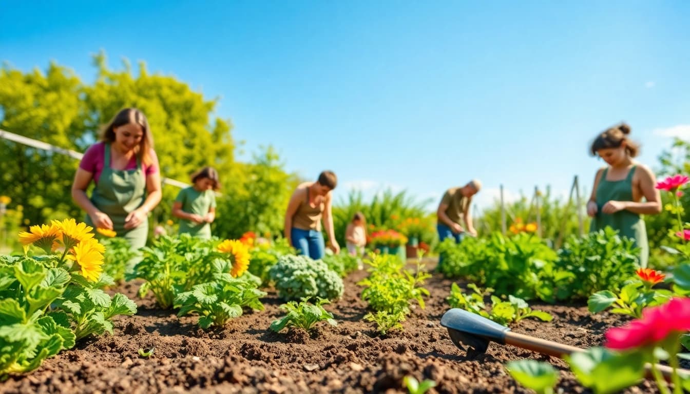 Engaged gardeners tending to their plants in a vibrant gardening community space.