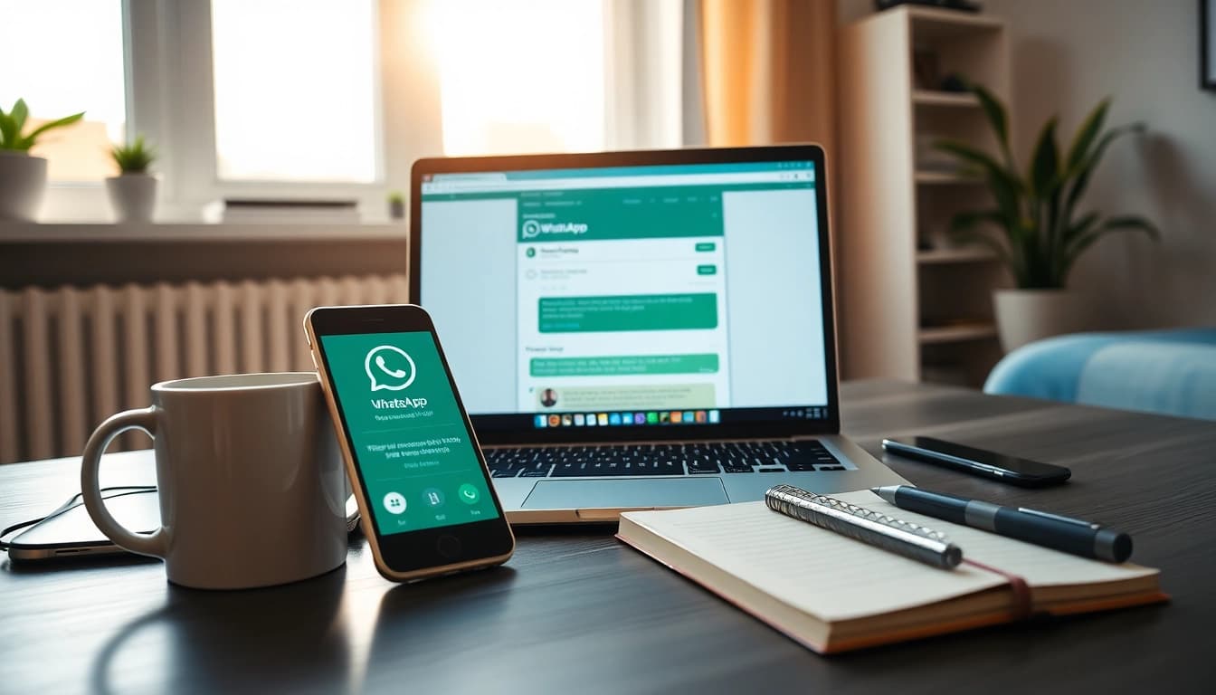 在现代家庭工作室的笔记本电脑上展示的 WhatsApp网页版,突出高效沟通。