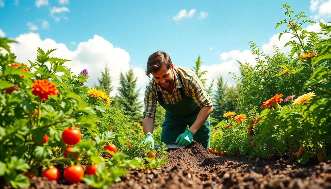 Engaging Gardening scene featuring a lush vegetable garden with vibrant greenery and colorful flowers.