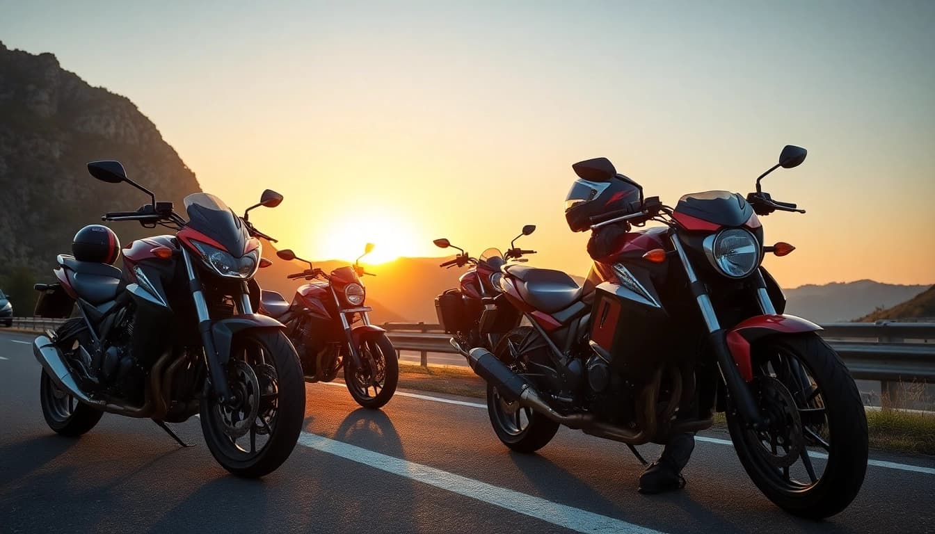 Showcasing budget DOT approved motorcycles for sale in a vibrant sunset setting to enhance visibility and appeal.