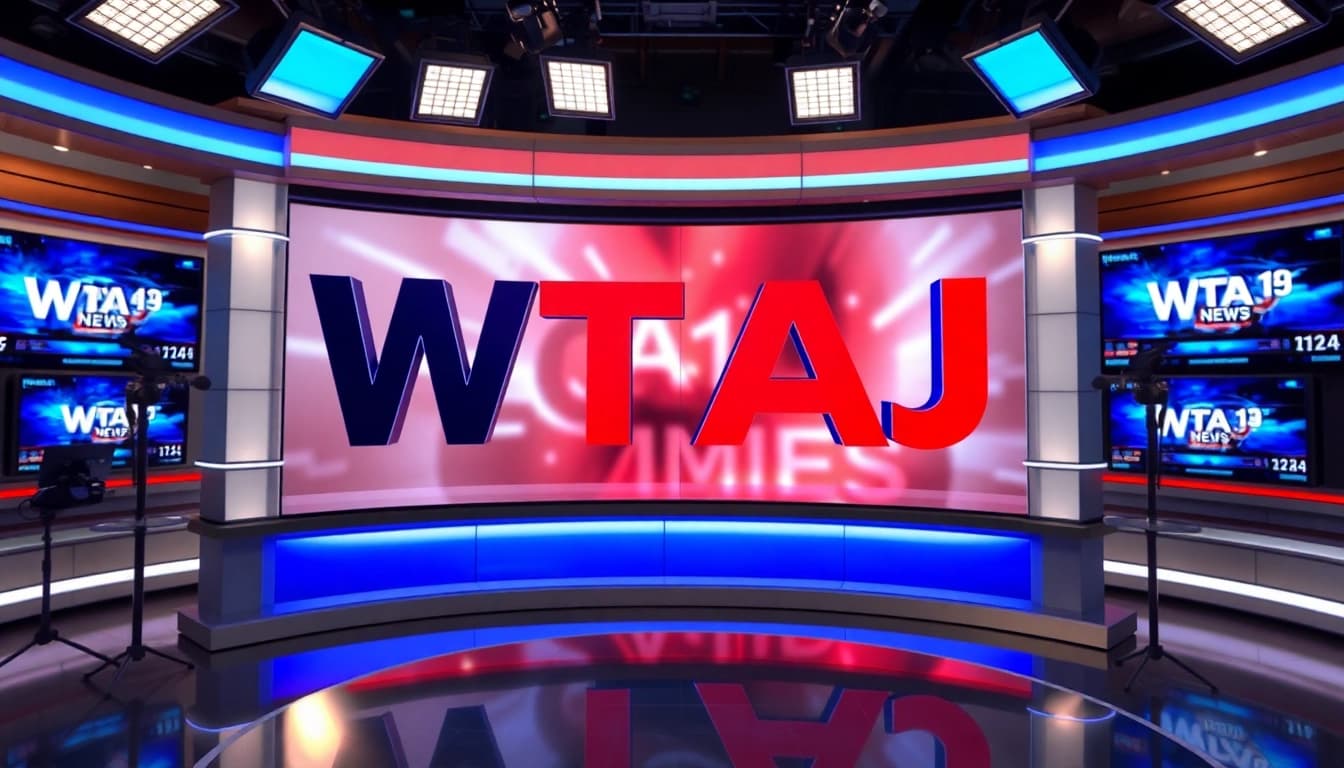 WTAJ logo displayed in a professional news studio with anchors and screens showcasing live updates.