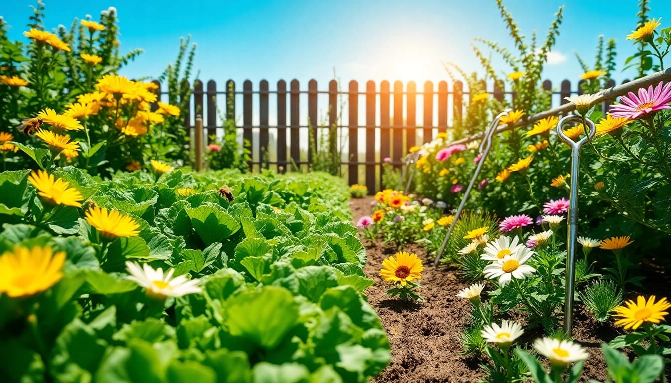 Engaging Gardening scene showcasing vibrant plants and flowers blooming enthusiastically in sunlight.