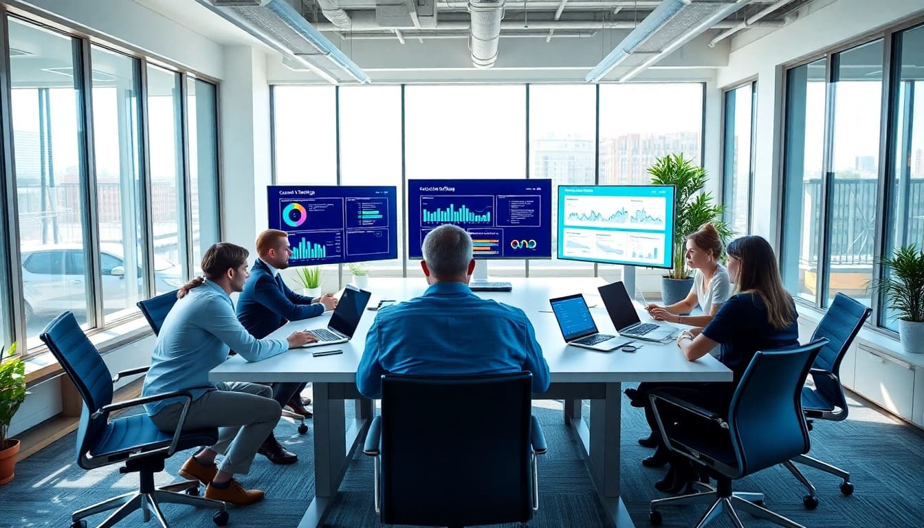 Engaging team collaboration utilizing sales content tracking software in a modern office.