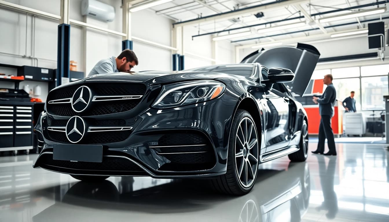 Professionelle mercedes werkstatt berlin west mit Mechanikern, die an Luxusfahrzeugen arbeiten