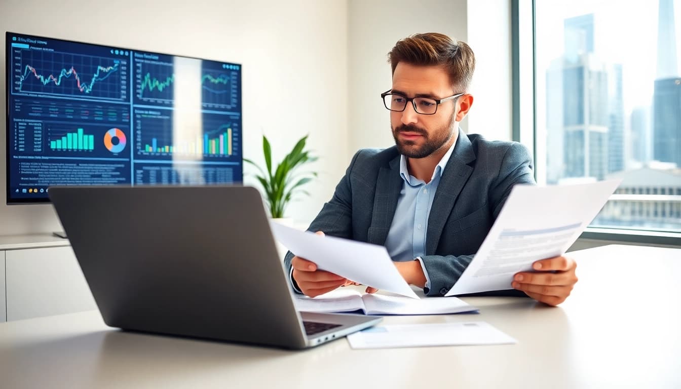 Expert SMSF accountant reviewing financial documents in a modern office.
