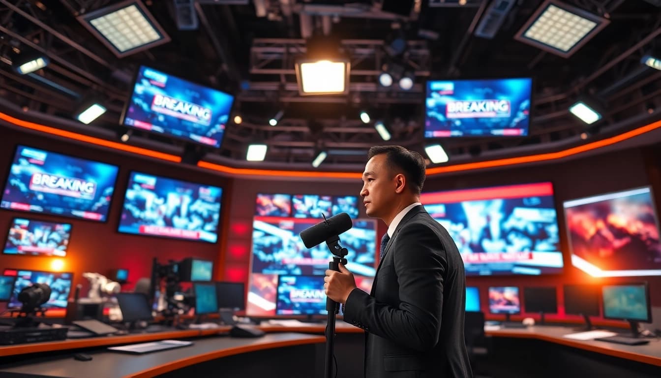 Engaging news reporter delivering critical updates in a lively newsroom.
