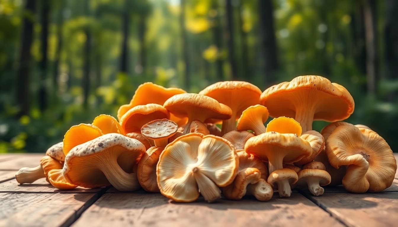 Buy mushrooms online Canada with a vibrant display of various mushrooms on a rustic table.