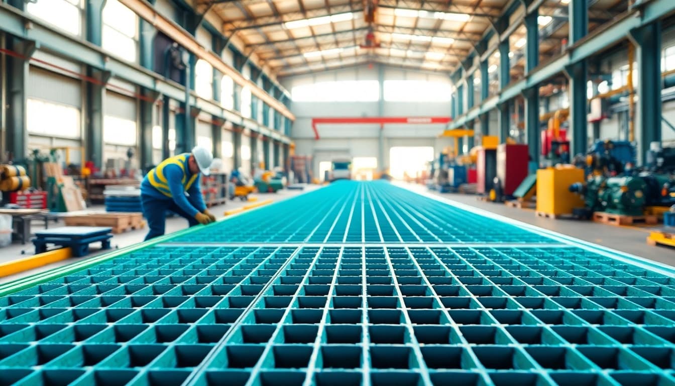 Showcasing GRP Grating Supplier products in an industrial installation setting with professionals at work.