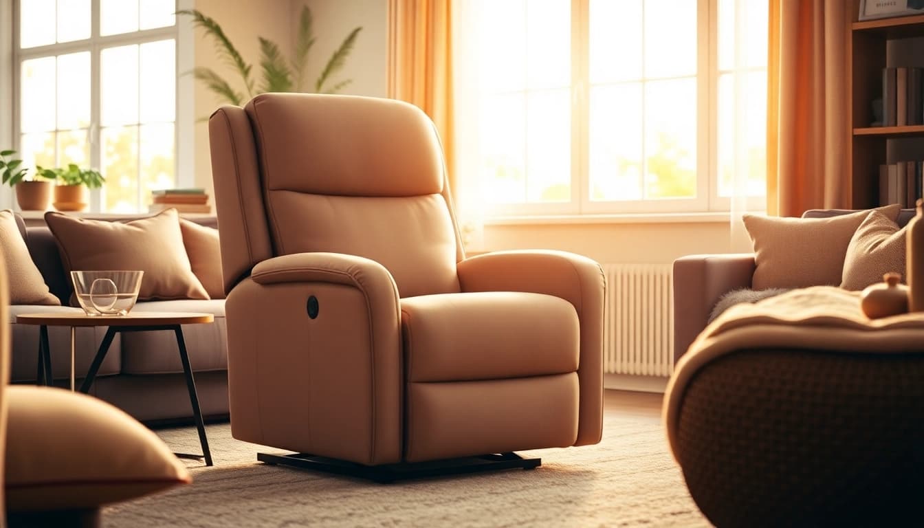 Comfortably reclined power lift chair with heat and massage in a cozy living room setting