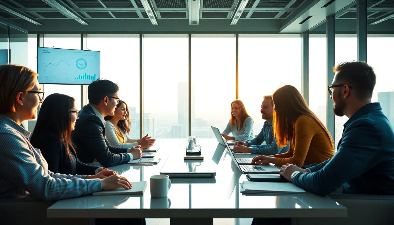 Engaged business professionals collaborating in a modern office, reflecting the theme of Business.