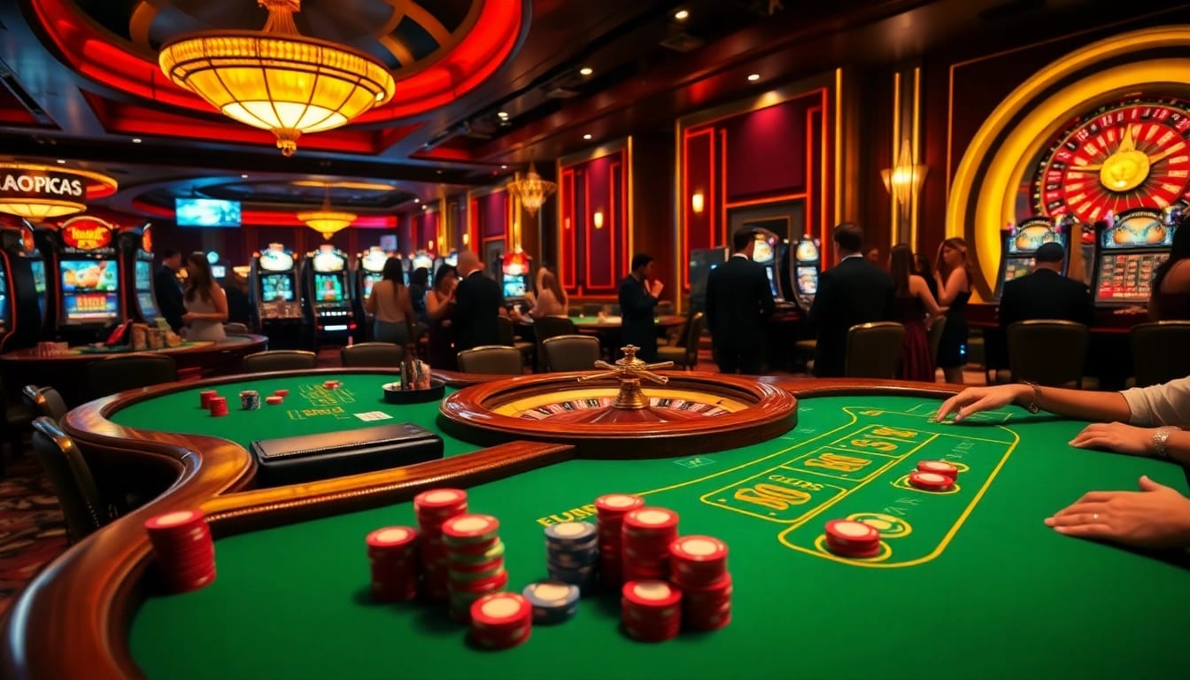 Players enjoying a thrilling moment at jun88 com casino tables with vibrant colors and elegant dealers.