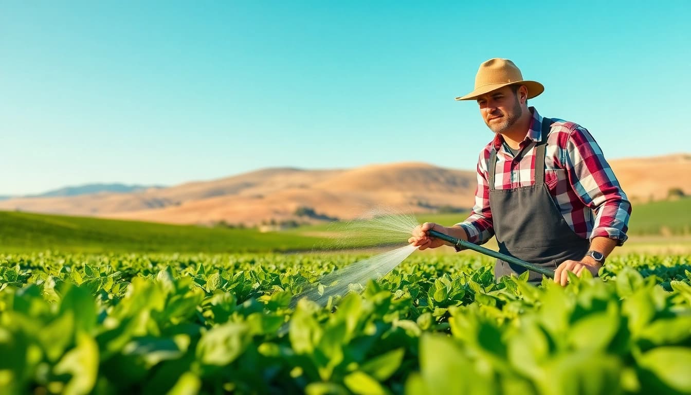 Land irrigation systems enhancing crop growth in a vibrant agricultural field scene.